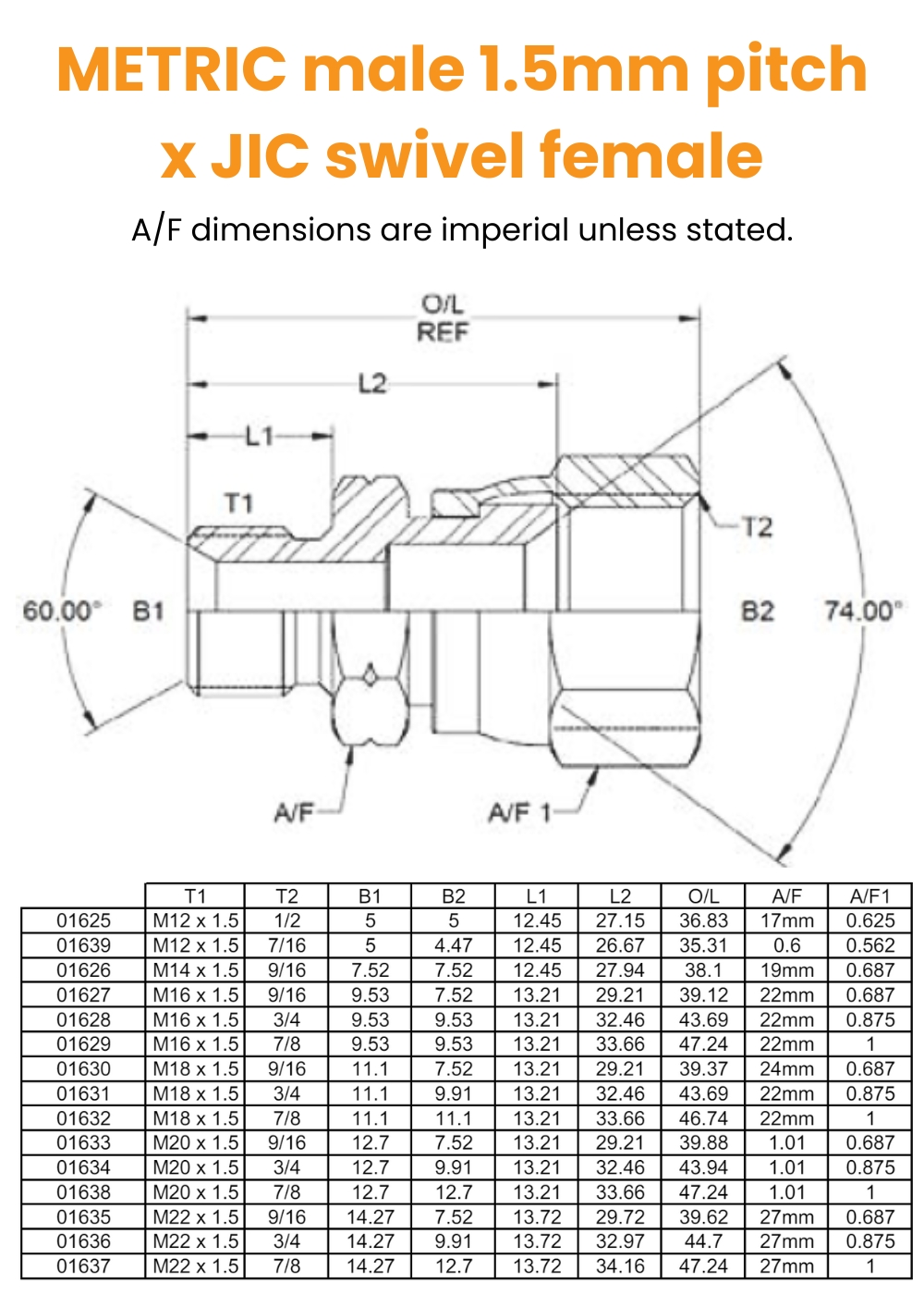 M12 1.5mm Pitch x 1/2 JIC M/F Hydraulic Adaptor